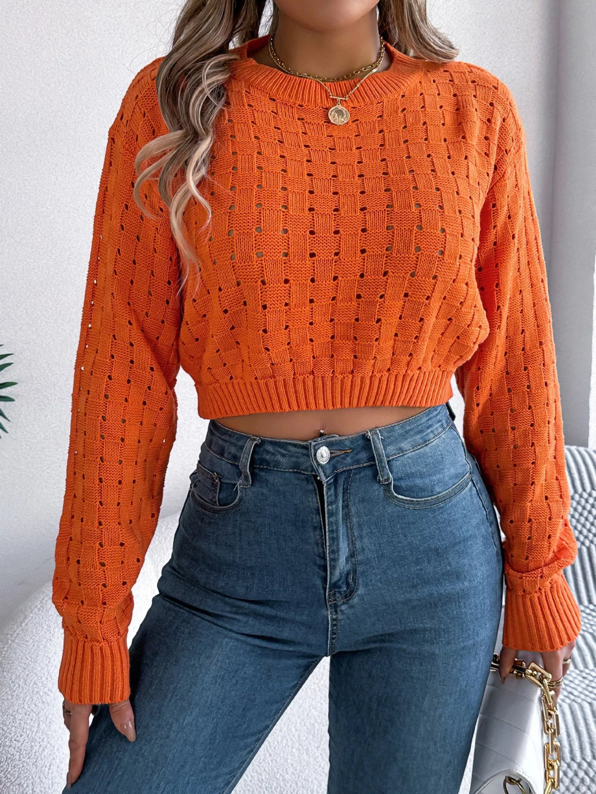 Cutout Back Openwork Round Neck Long Sleeve Sweater