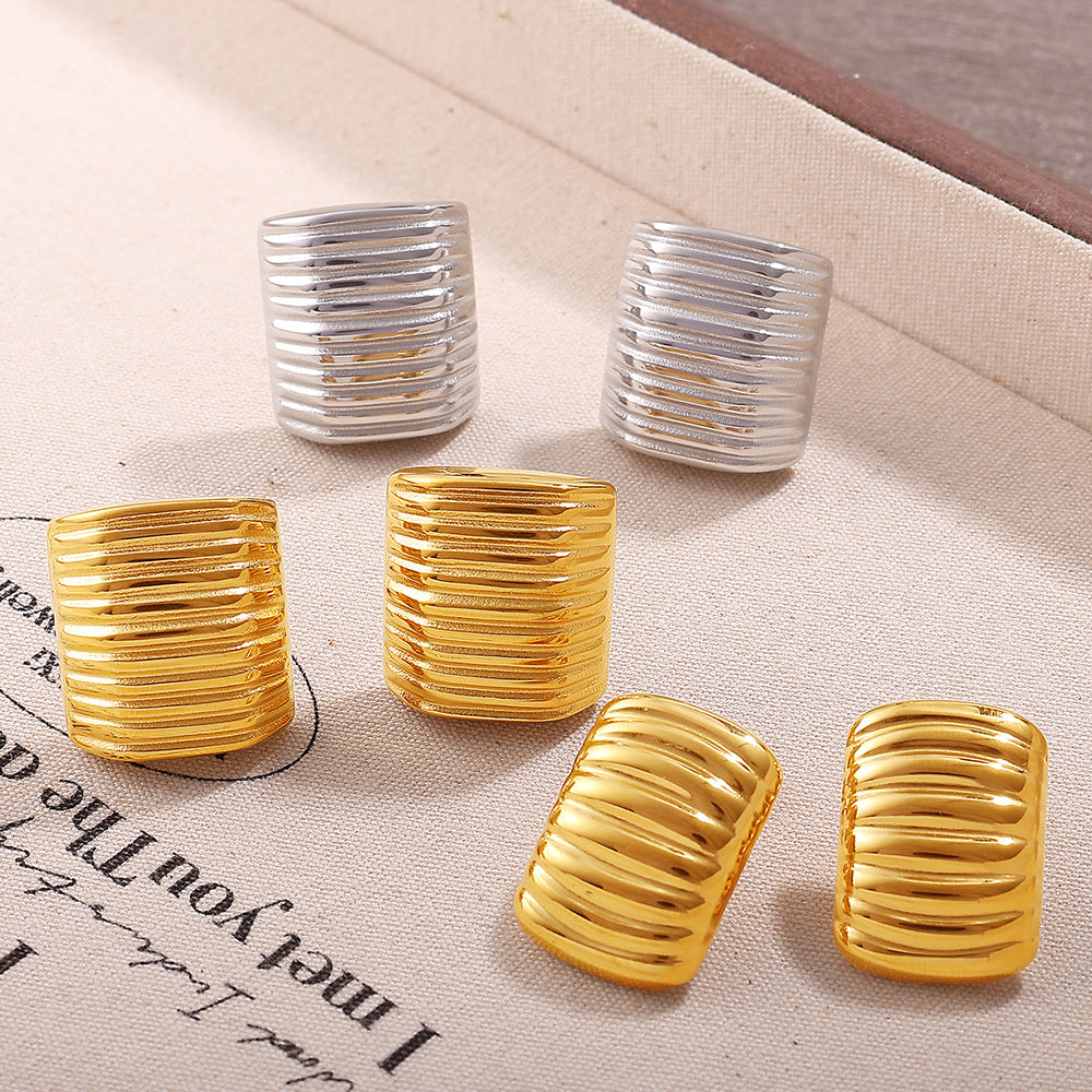 Korean Style Minimalist Striped Square Stud Earrings, 18K Gold Plated Stainless Steel, Elegant Daily Jewelry For Women