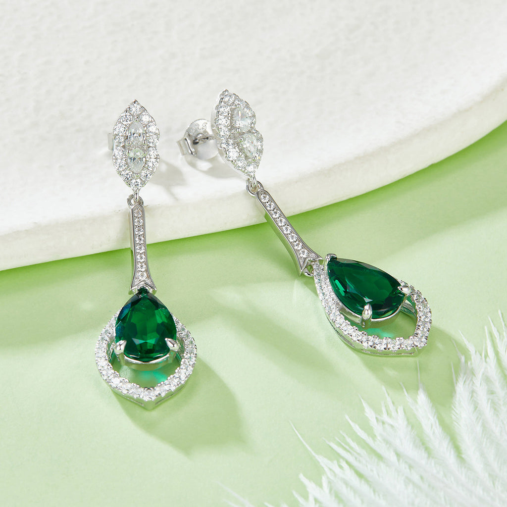 S925 Silver 5.6g Lab-Created Emerald Drop Earrings, 3.4ct 11x7mm Pair