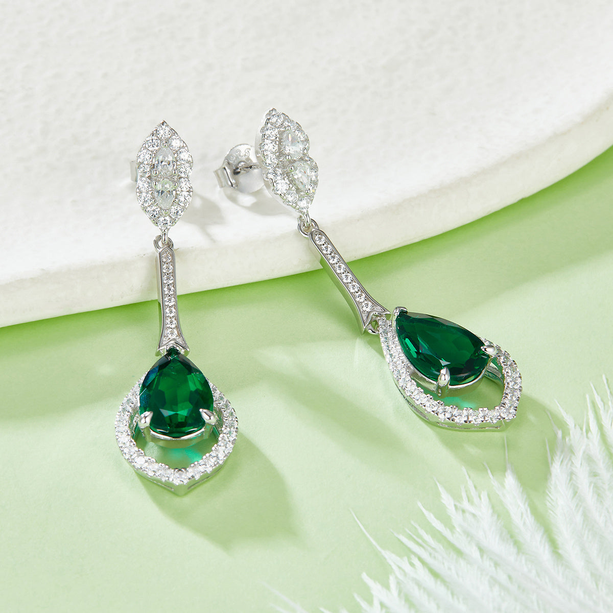 S925 Silver 5.6g Lab-Created Emerald Drop Earrings, 3.4ct 11x7mm Pair