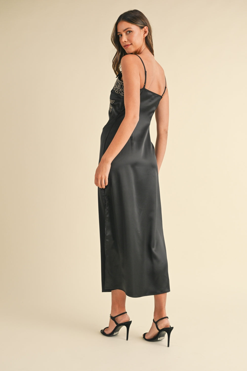 Embroidered Satin Midi Cami Dress with Slit for Evening