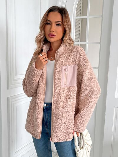 Fuzzy Zip-Up Long Sleeve Jacket Soft Plush Winter Outerwear