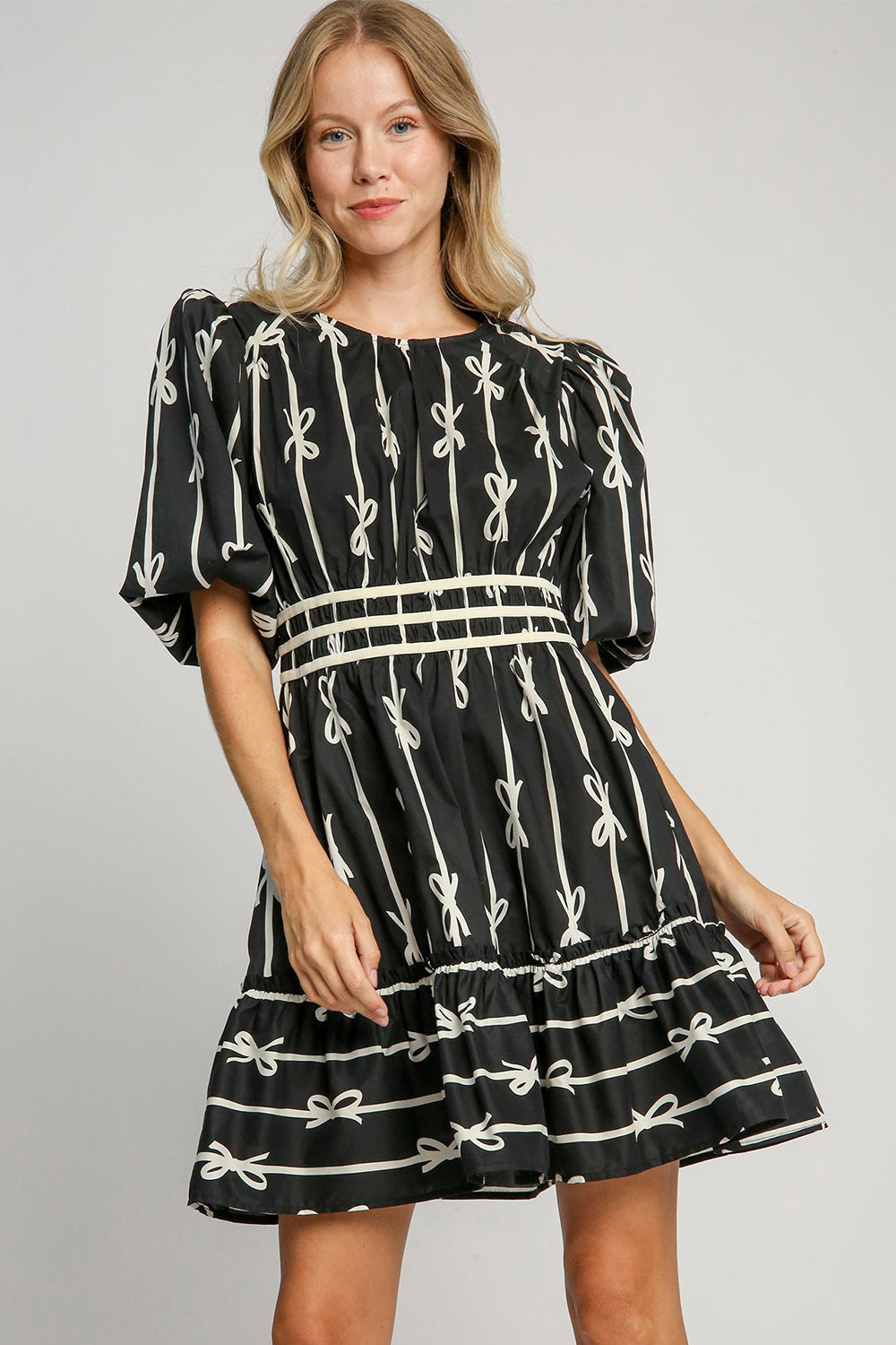 Elegant Black Ribbon Print Half Sleeve Mini Dress