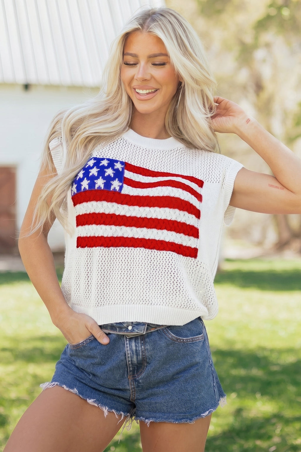 USA Flag Crochet Short Sleeve Sweater Top