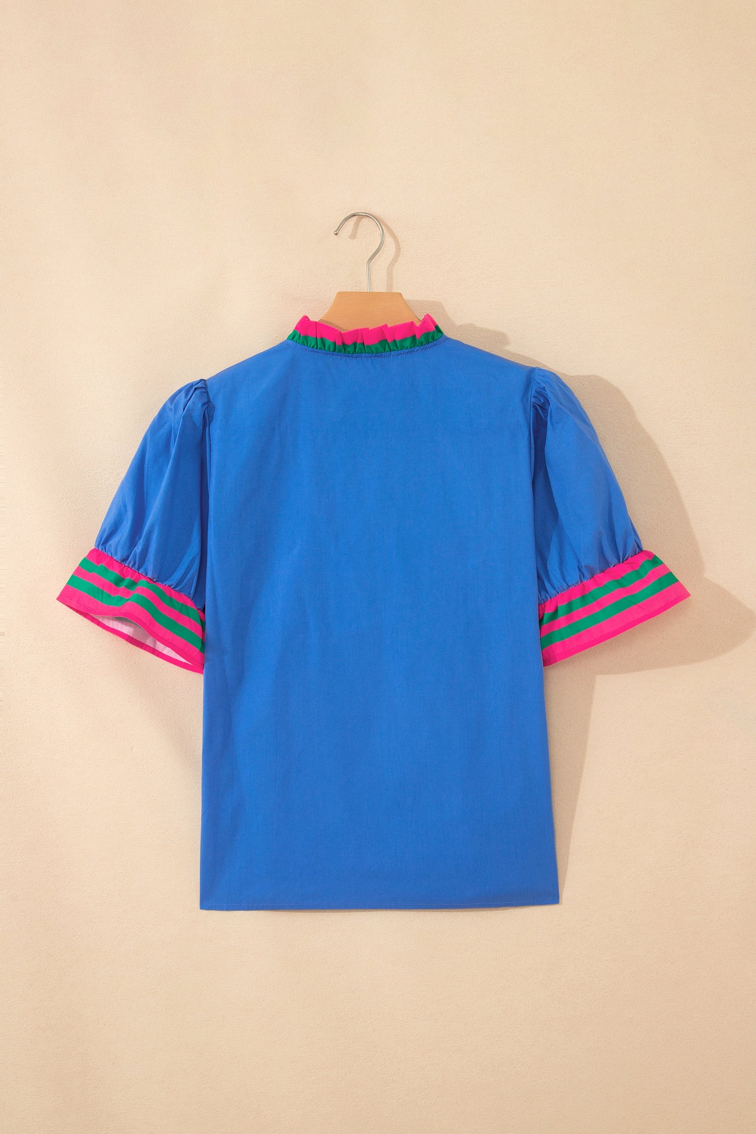 Stripe Frilled Collar Ruffle Short Sleeve Blouse - Green Blue Pink