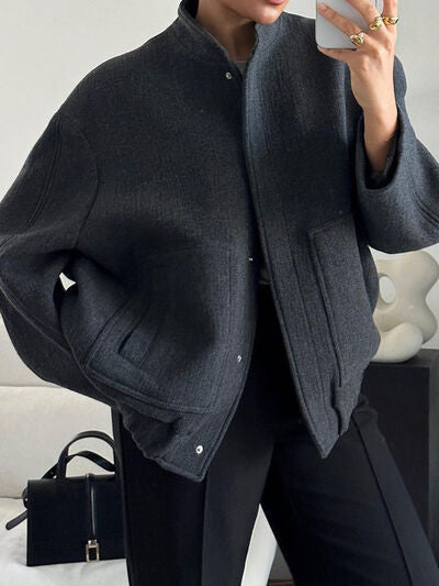 Casual Drop Shoulder Snap Down Jacket with Pockets