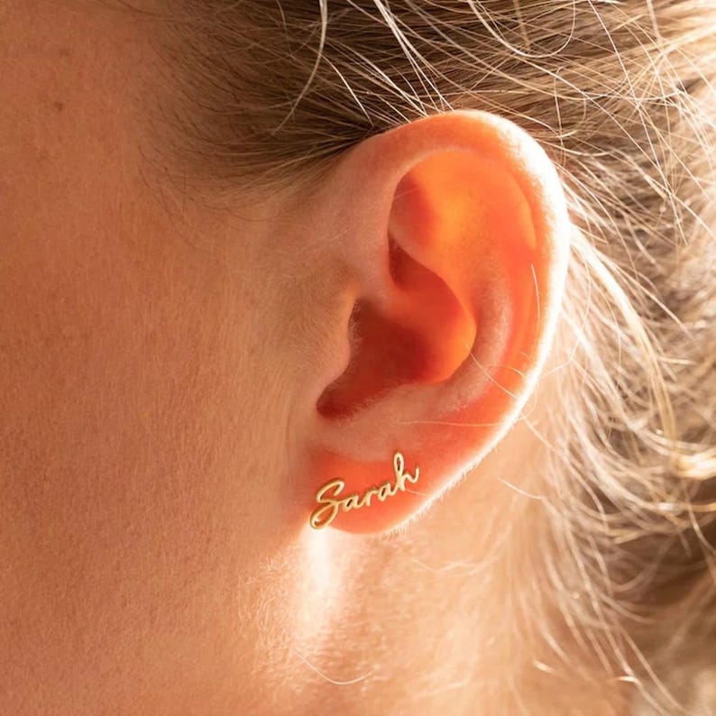 Custom Script Name Stud Earrings in Gold-Tone Finish