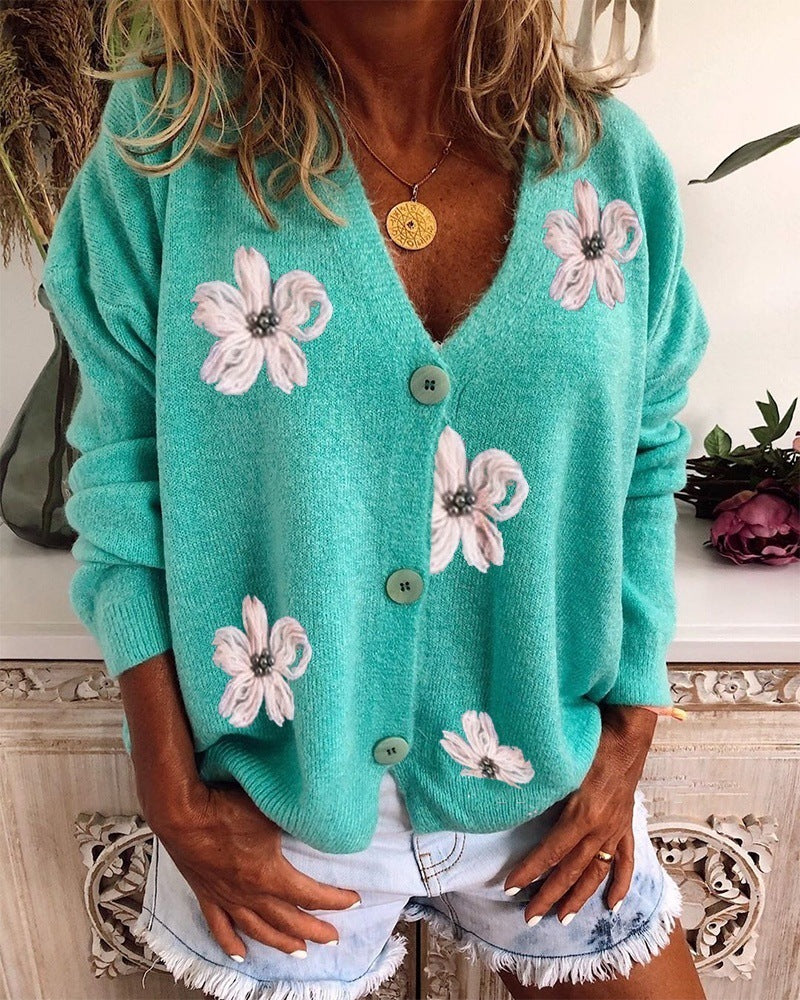 Women's V Neck Crochet Cardigan in Beige, Green, or Orange