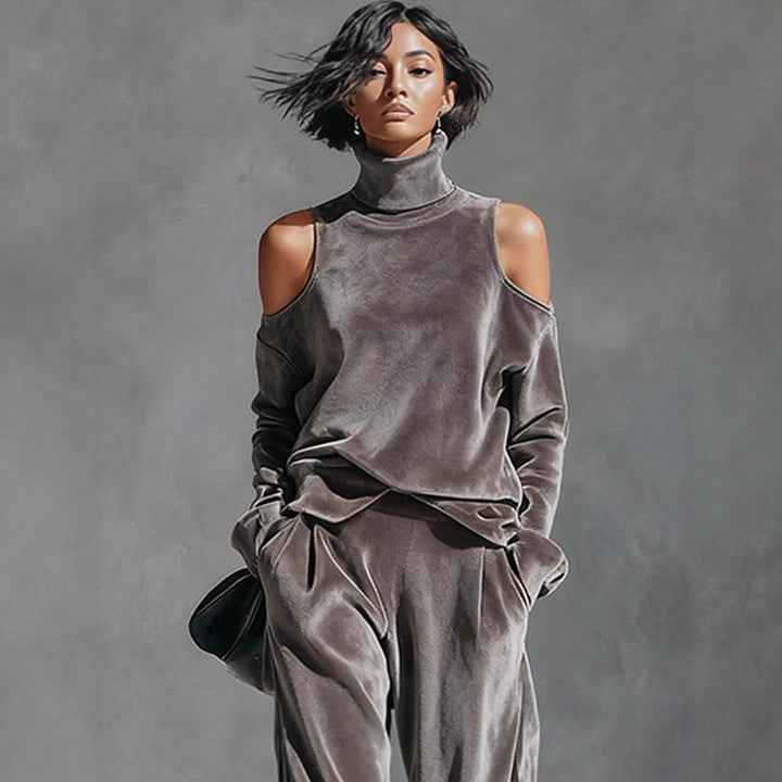 Women's Grey Velvet Cold-Shoulder Turtleneck Pants Set