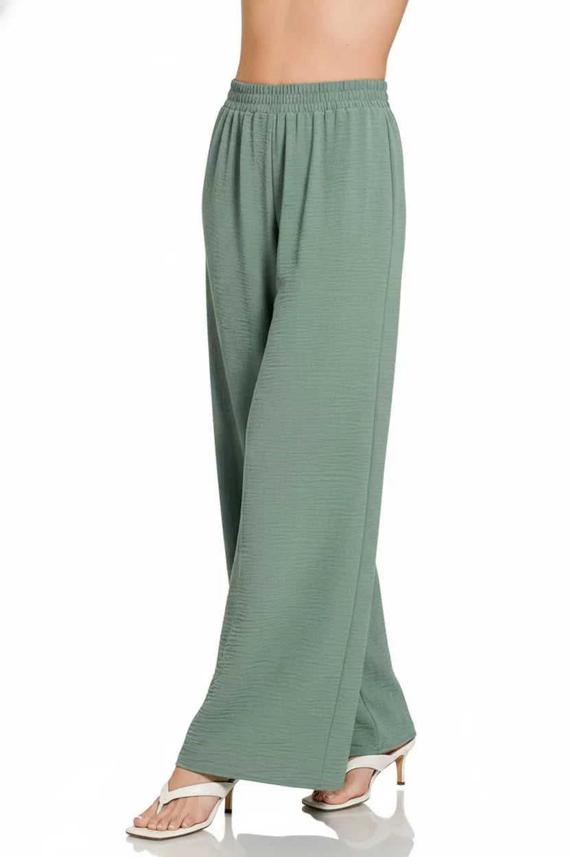 Zenana Woven Airflow Elastic Waistband Wide-Leg Pants