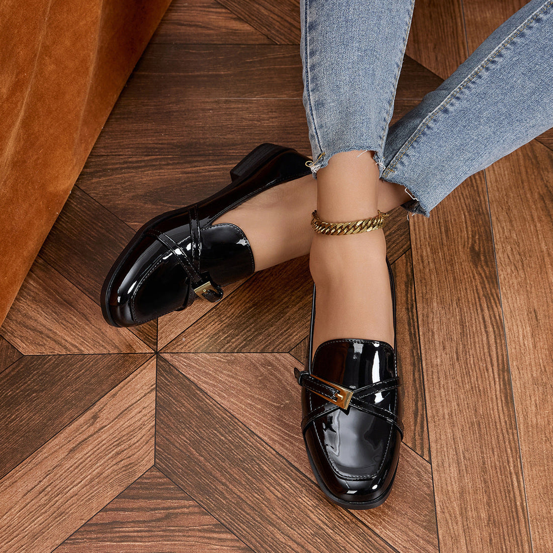 Women's Glossy Patent Leather Square Toe Loafers with Buckle