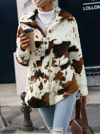 Black and White Cow Print Fuzzy Collared Button Up Jacket
