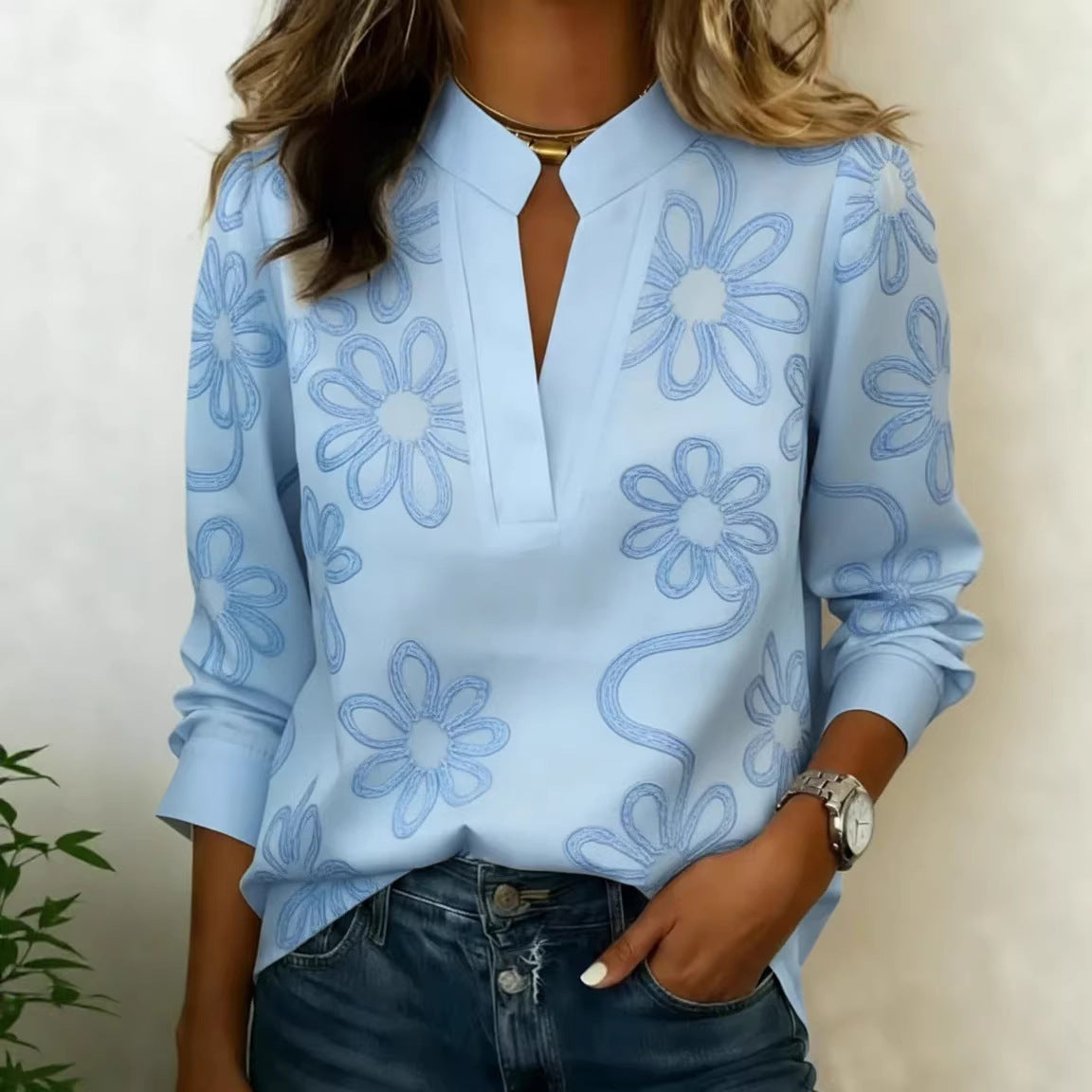 Women's Embroidered Floral Casual Long Sleeve Shirt Top - Image 2