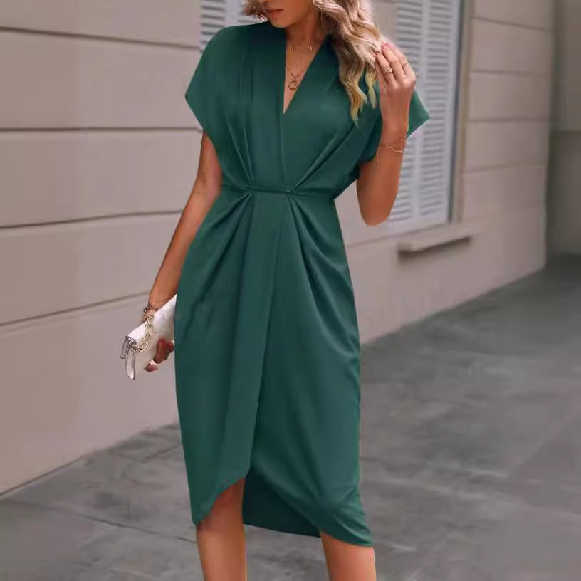 V-Neck Batwing Sleeve Pleated Midi Dress - Relaxed A-Line Fit