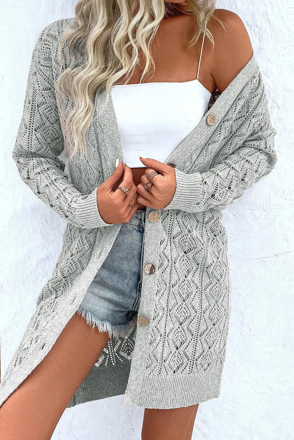 Women's Grey Openwork Knit Long Sleeve Button Down Cardigan - Image 3