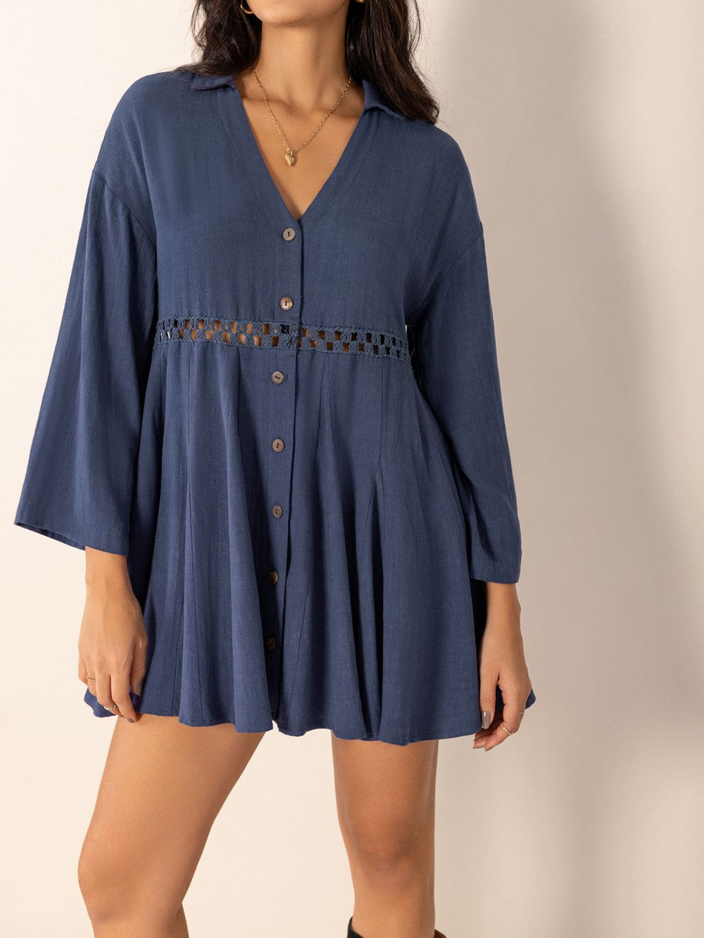 Dusty Blue Long Sleeve Mini Dress with Cutout & Buttons