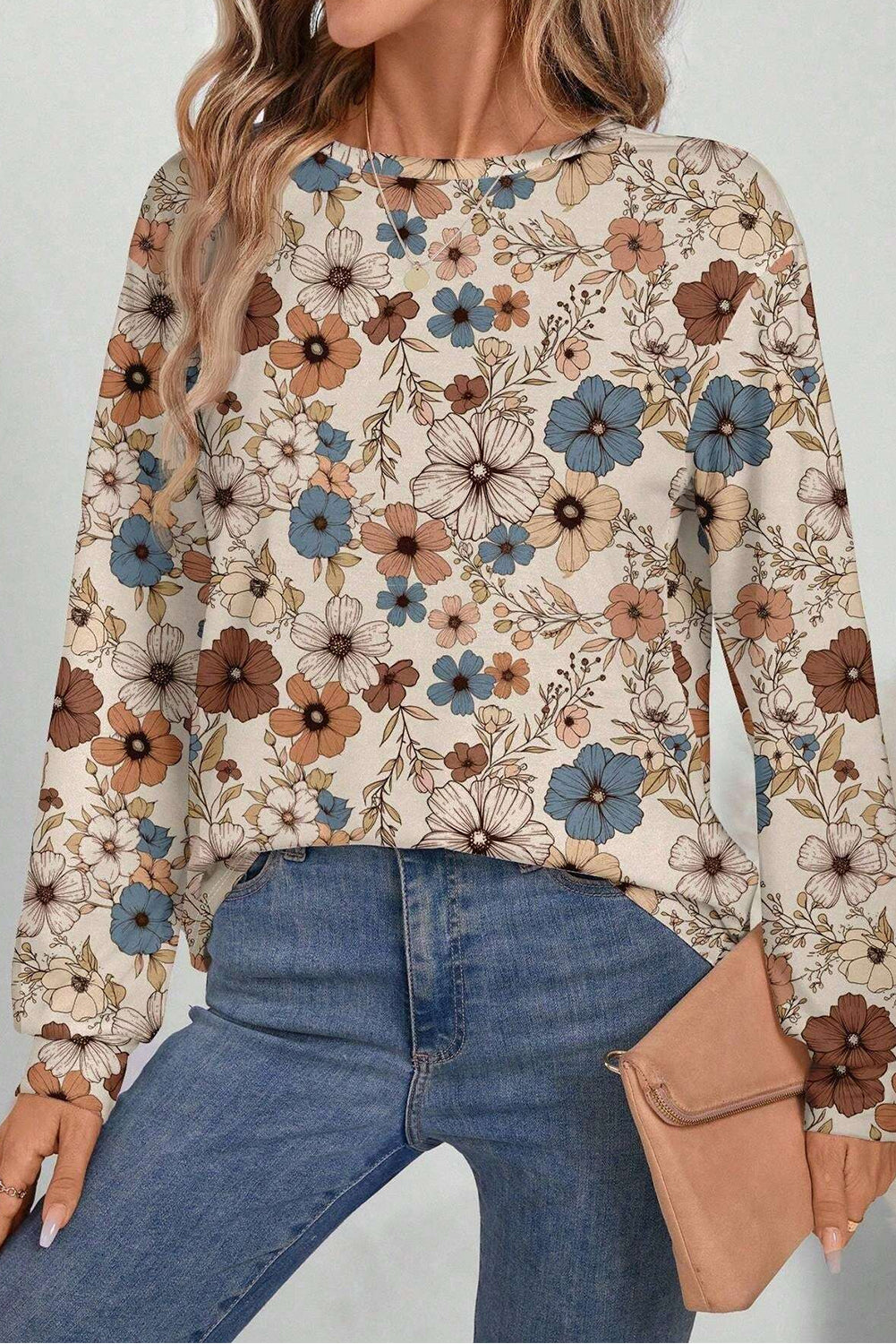 Khaki Floral Print Loose Crew Neck Long Sleeve T-Shirt