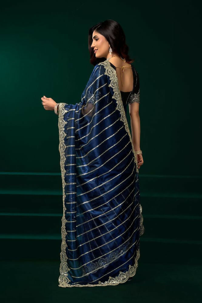 Navy Blue Net Party Wear Saree with Black Velvet Blouse Set