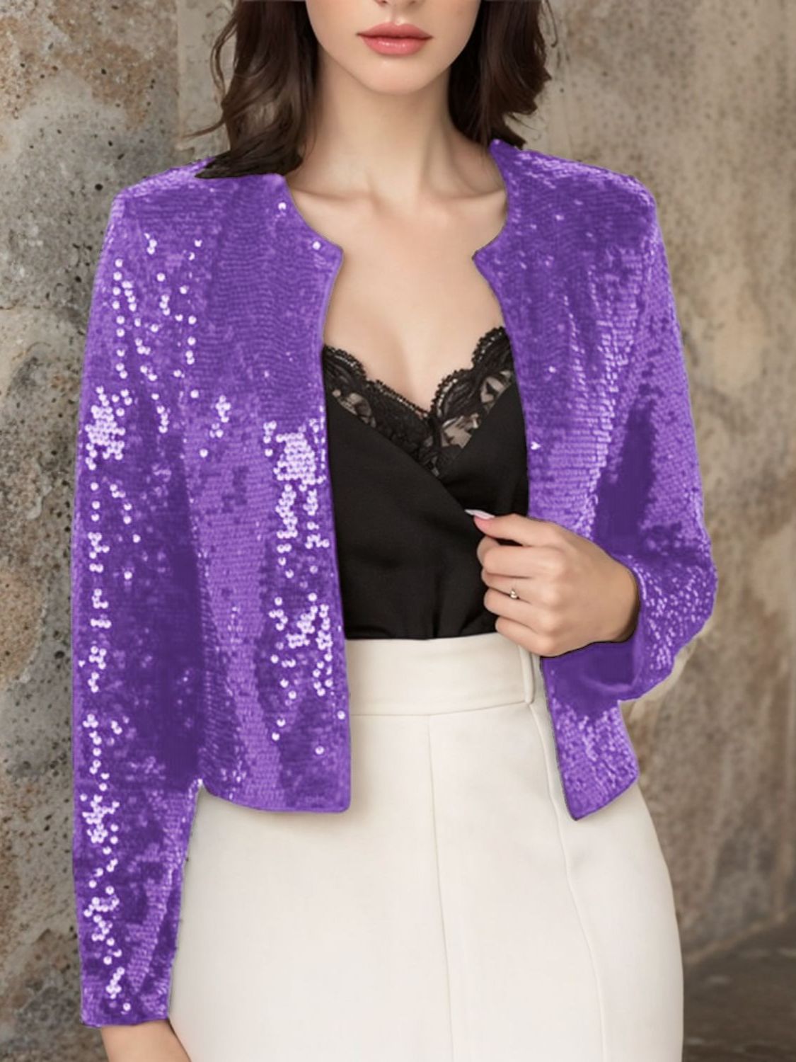 Sequin Open Front Cropped Jacket | Glamorous Party Style