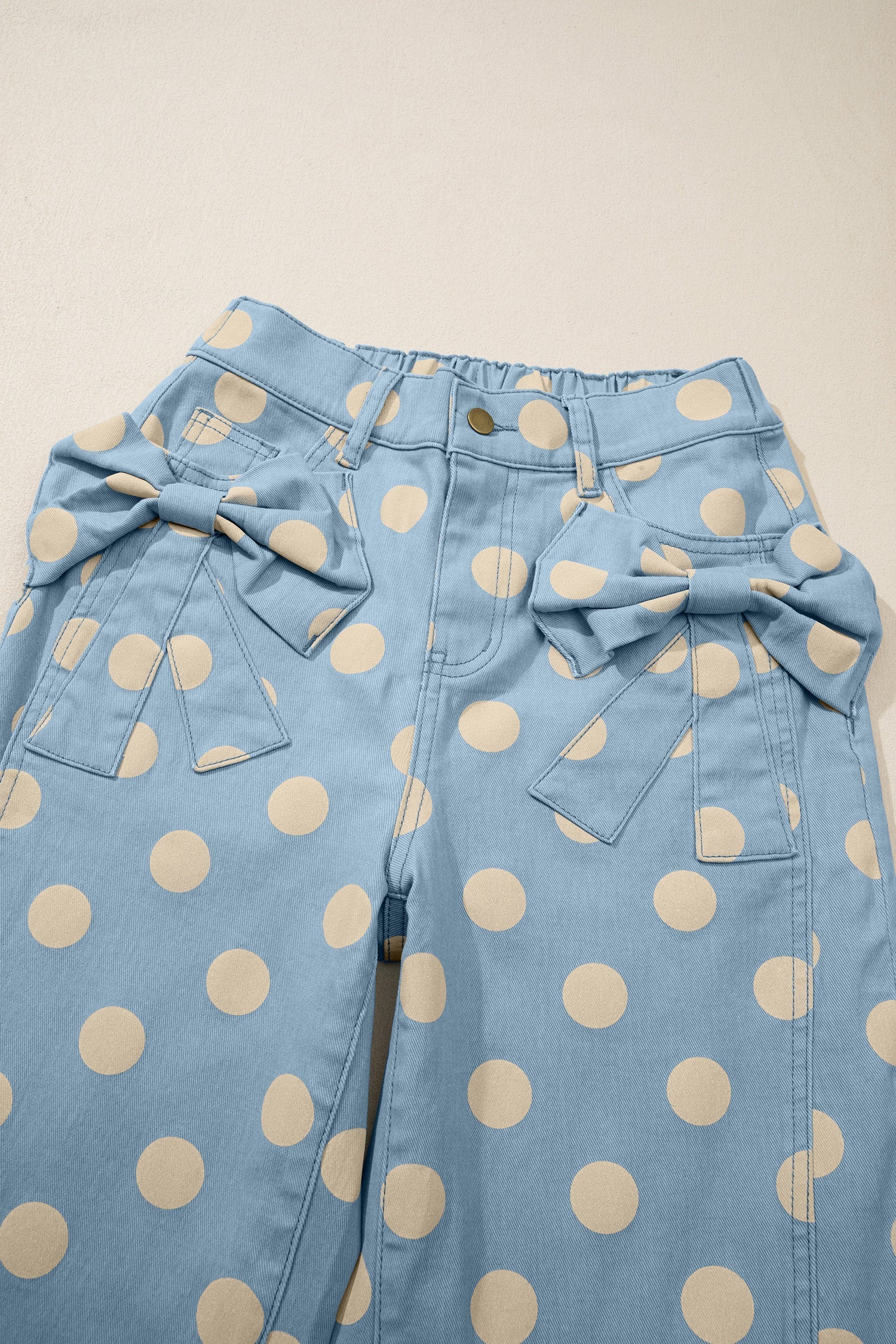 Polka Dot Denim Barrel Leg Jeans with Bow Pocket Details