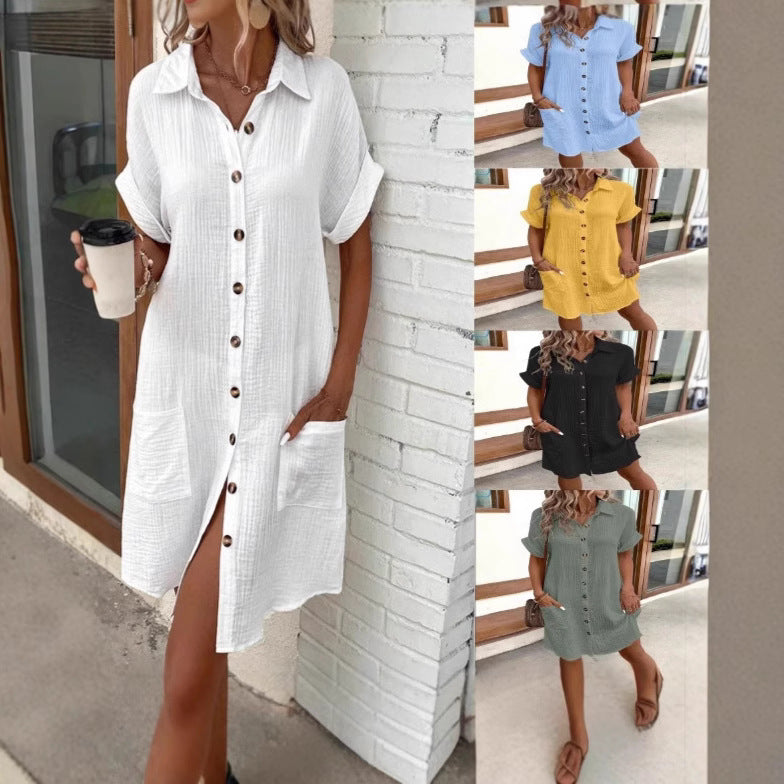 Women's Short Sleeve Button Down Midi Shirt Dress with Pockets