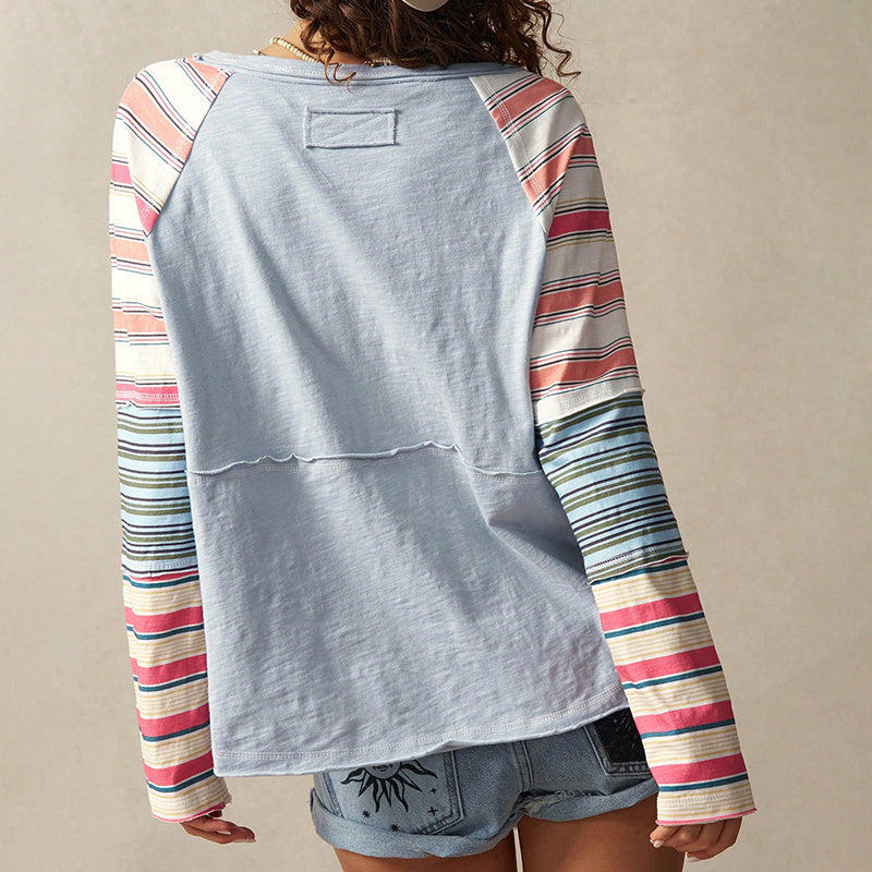 Women's Striped Patchwork Long Sleeve Round Neck Pullover Top - Image 2