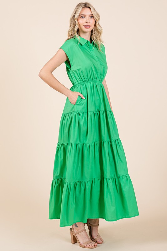 Button Up Tiered Maxi Shirt Dress with Collared Neckline