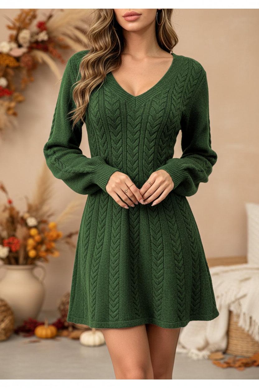 Women's V-Neck Cable-Knit Pullover Dress