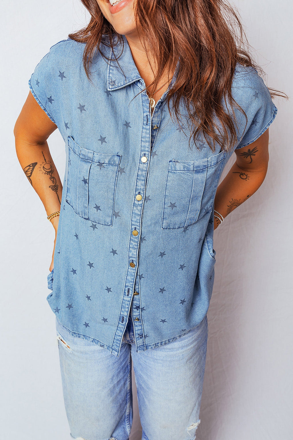 Star Denim Double Chest Pocket Short Sleeve Shirt