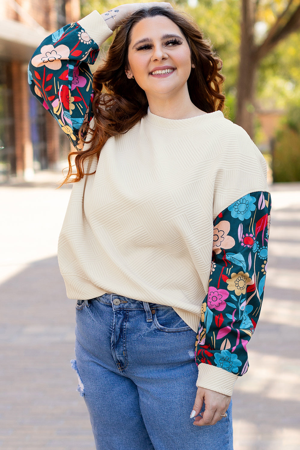 Plus Size Floral Patchwork Sleeve Textured Top