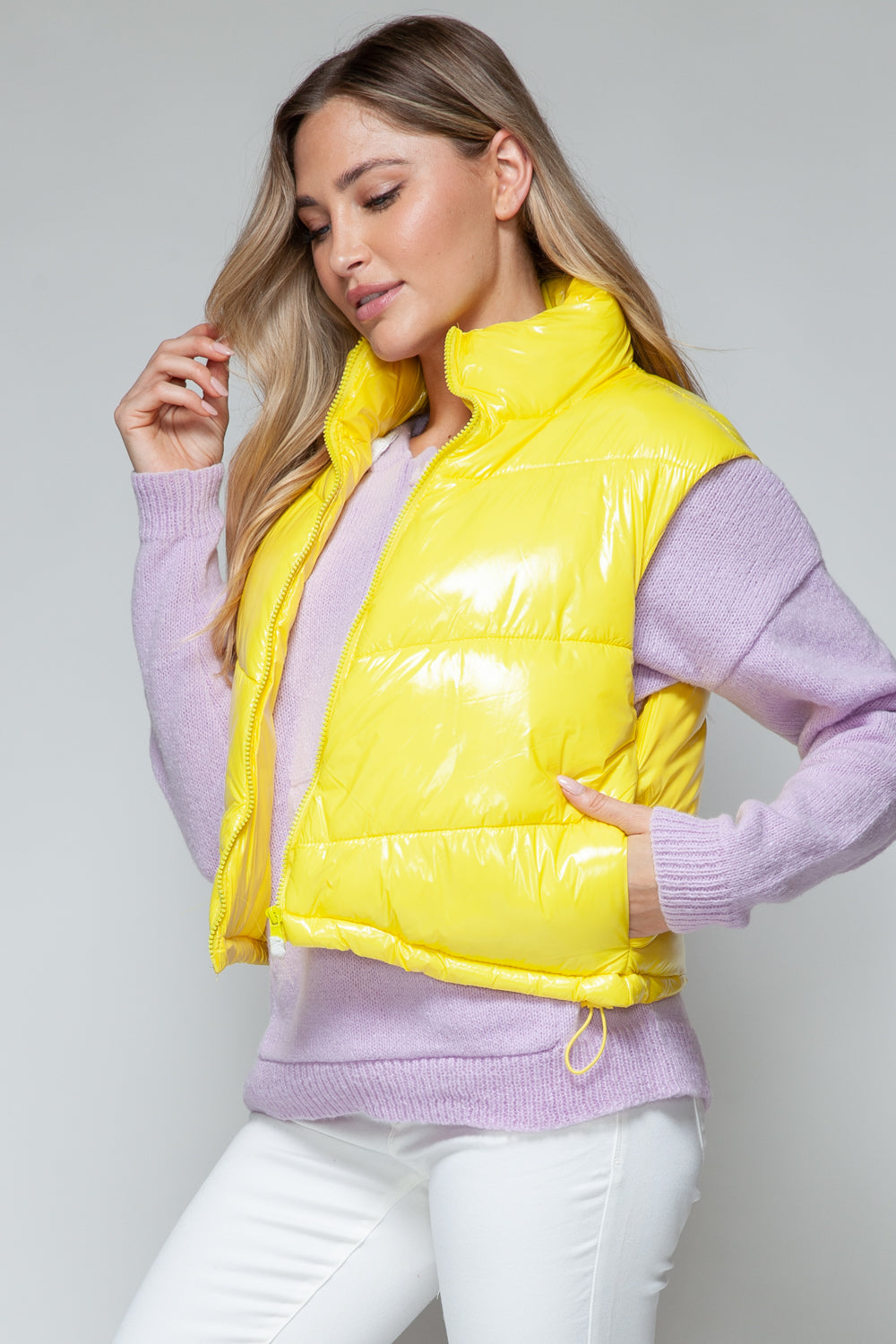 Women's Shiny Yellow Quilted Zip-Up Turtleneck Vest - Image 4