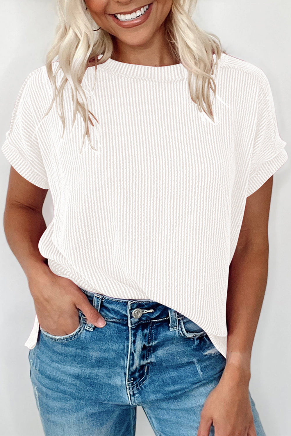 White Crinkle Rib Textured Knit Round Neck T-Shirt
