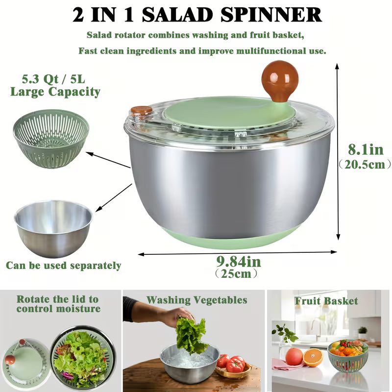 5.3-Quart Stainless Steel Salad Spinner and Vegetable Dryer with Drain