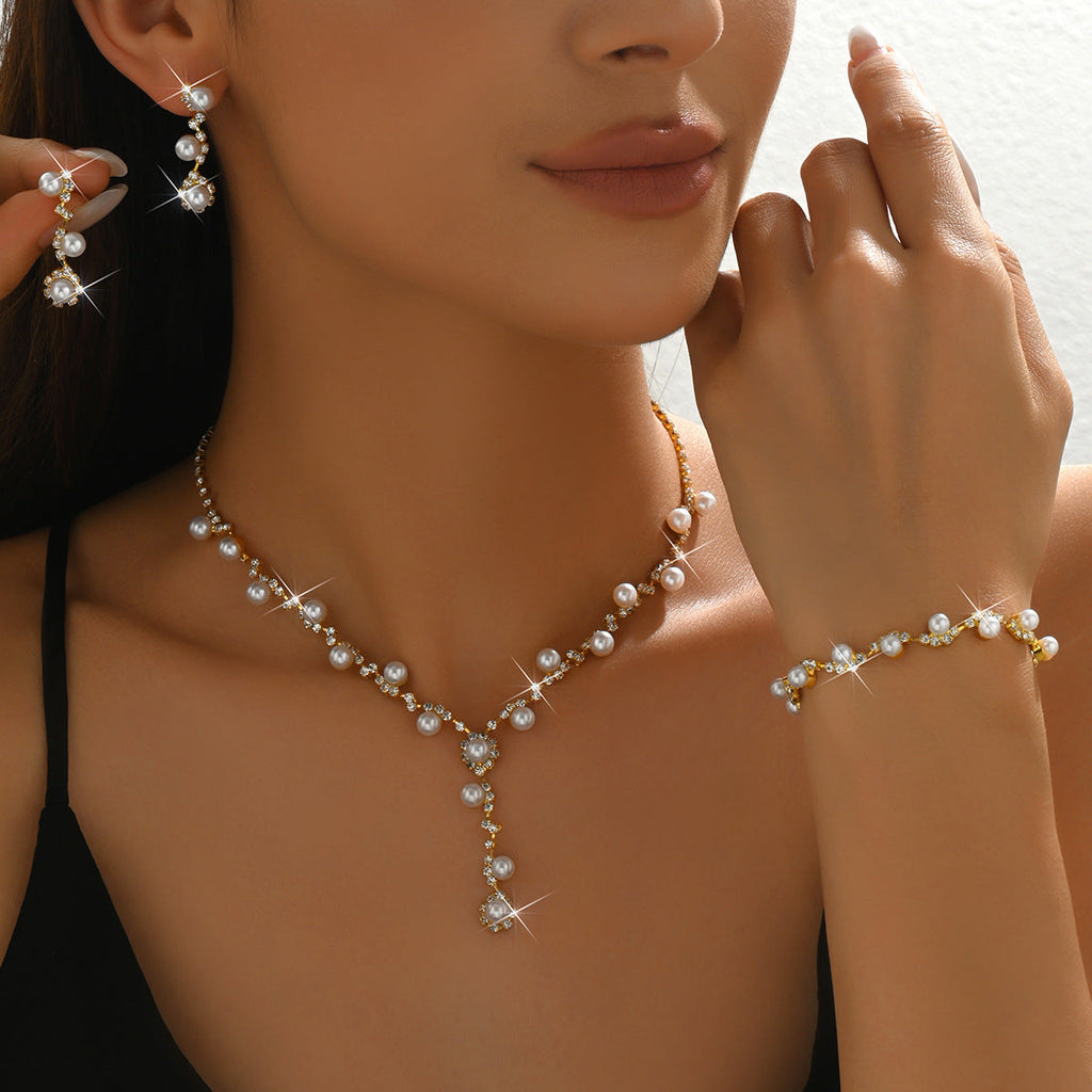 Women 3 Pcs Rhinestone Pearl Jewelry Set,Choker Necklace Dangle Earrings Bracelet,Elegant Costume Accessories For Dinner Party Evening Dress Occasion