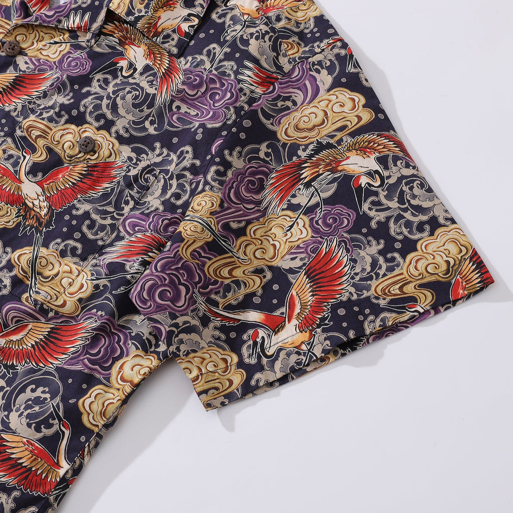 Men's Crane Illustration Print Camp Collar Cotton Shirt