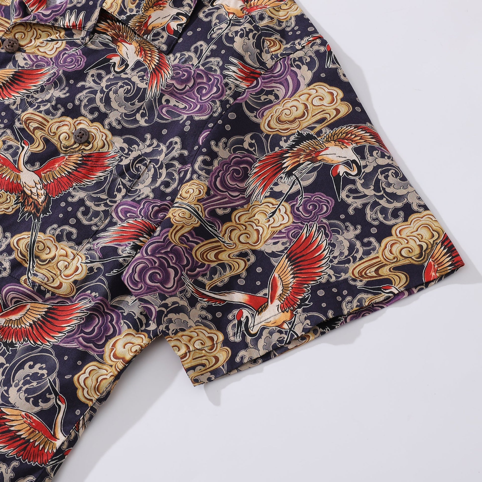Men's Crane Illustration Print Camp Collar Cotton Shirt
