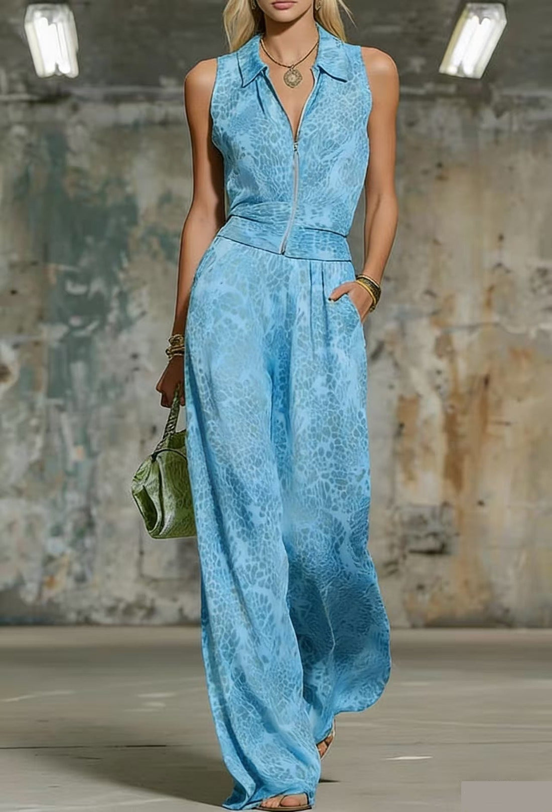 Women's Floral Print Sleeveless Zip-Up Wide Leg Jumpsuit