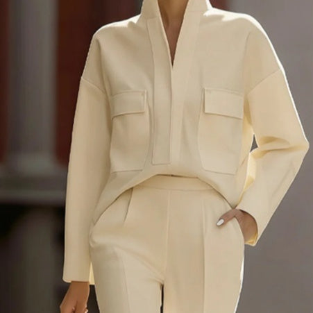 Women's Casual Cream Two-Piece Top and Pants Co-ord Set