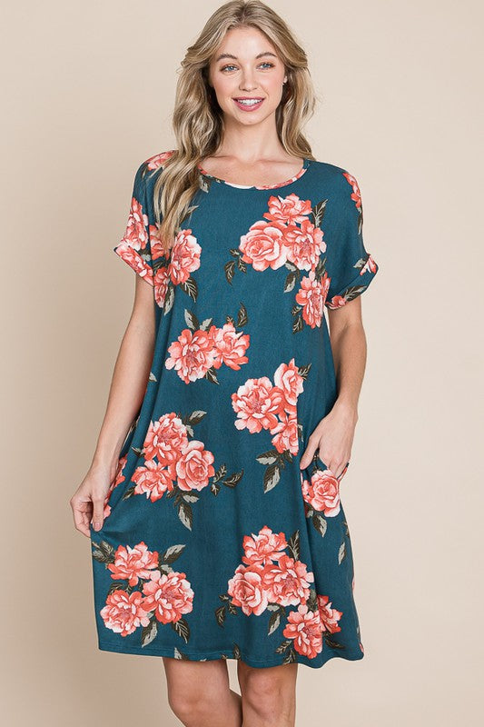 Casual teal and coral floral knit tee dress with side pockets
