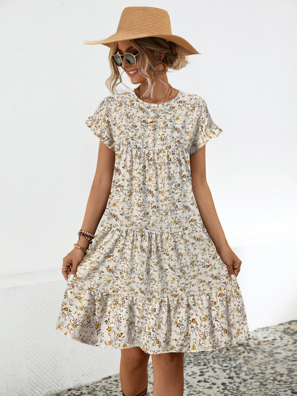 Floral Tiered Short Sleeve Dress