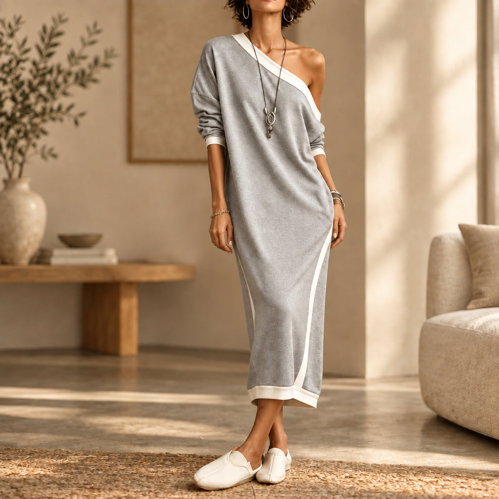 Women's One-Shoulder Color-Block Midi Dress with Pockets
