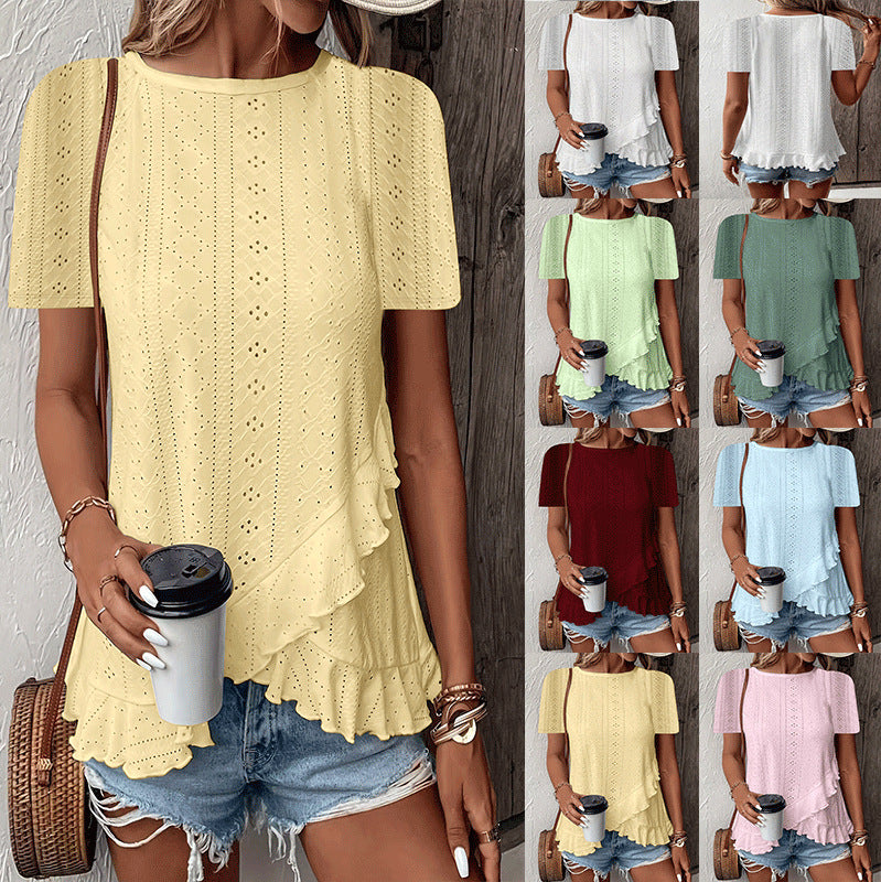 Women’s Casual Short Sleeve Crew Neck Ruffle Hem Top