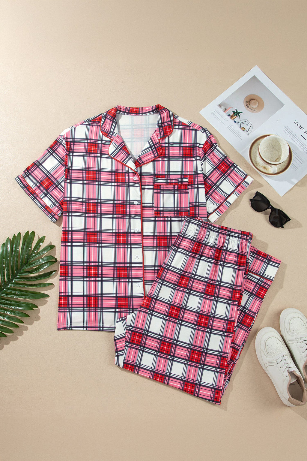 Plus Size Plaid Buttoned Shirt & Pants Pajama Set