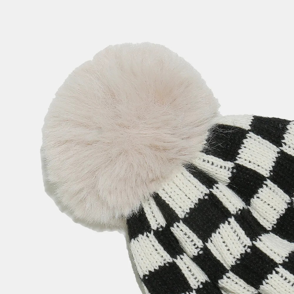Checkered Knit Beanie with Pompom | Soft Acrylic Winter Hat