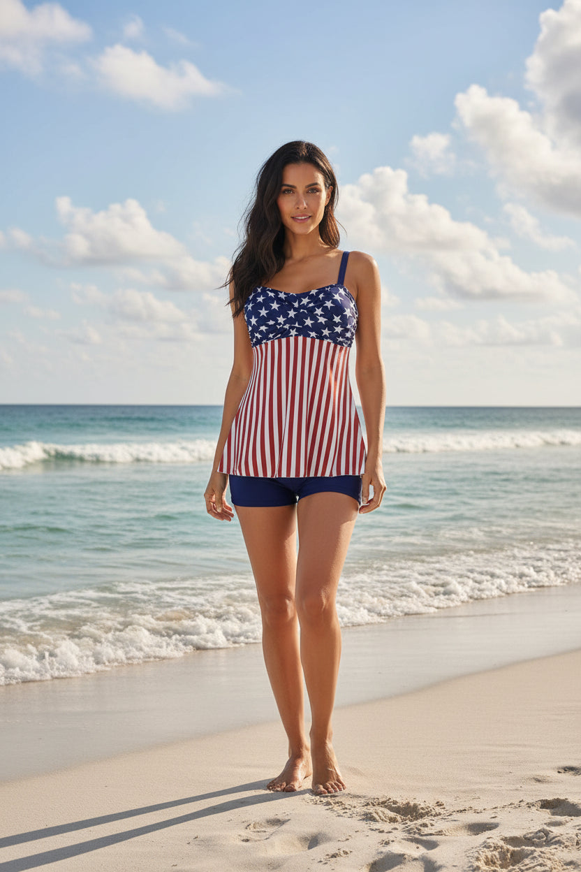 Printed Split Boxer Swimsuit Two-Piece Set for Women Sporty Resort