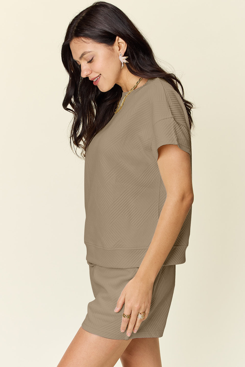 White Textured Drawstring Shorts and Relaxed Tee Lounge Set - Image 18