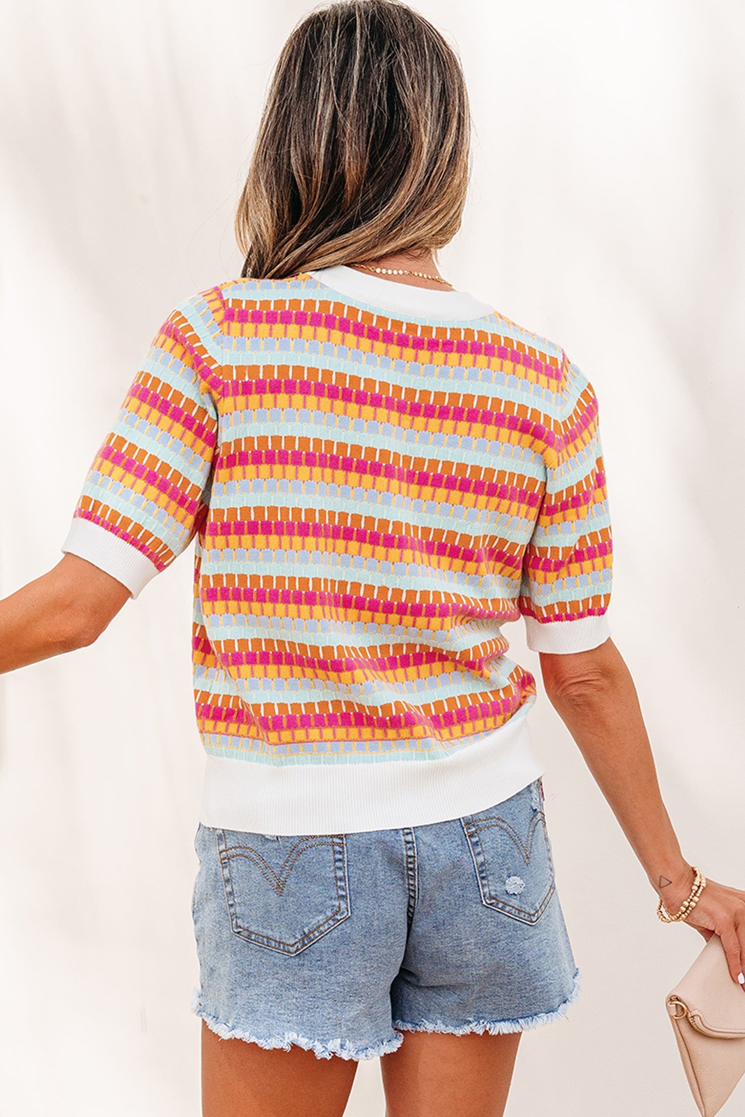 Purple Abstract Striped Knit Short Sleeve Sweater Top