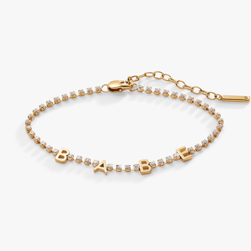 Babe Crystal Tennis Bracelet featuring shimmering crystals and sleek lettering