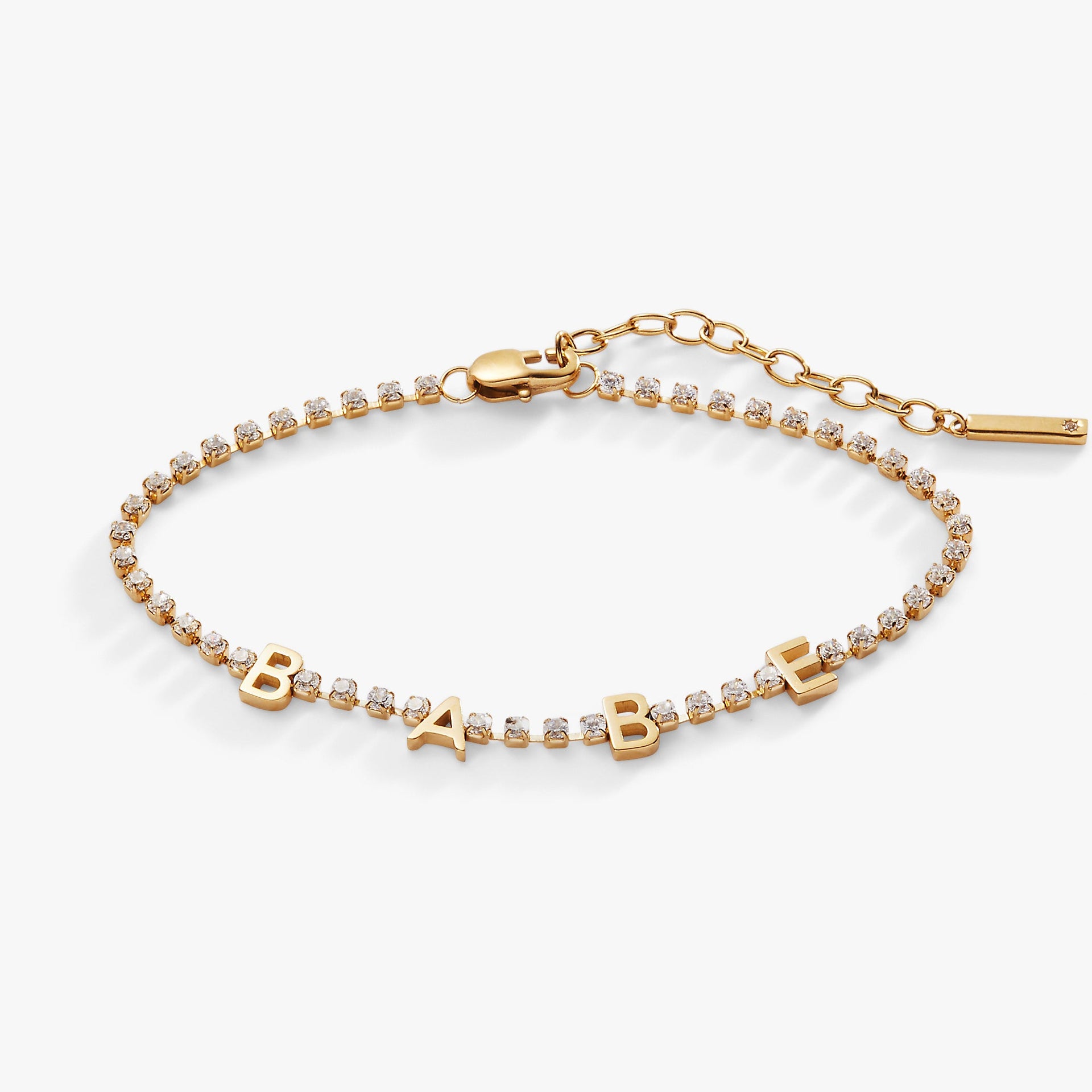 Babe Crystal Tennis Bracelet featuring shimmering crystals and sleek lettering