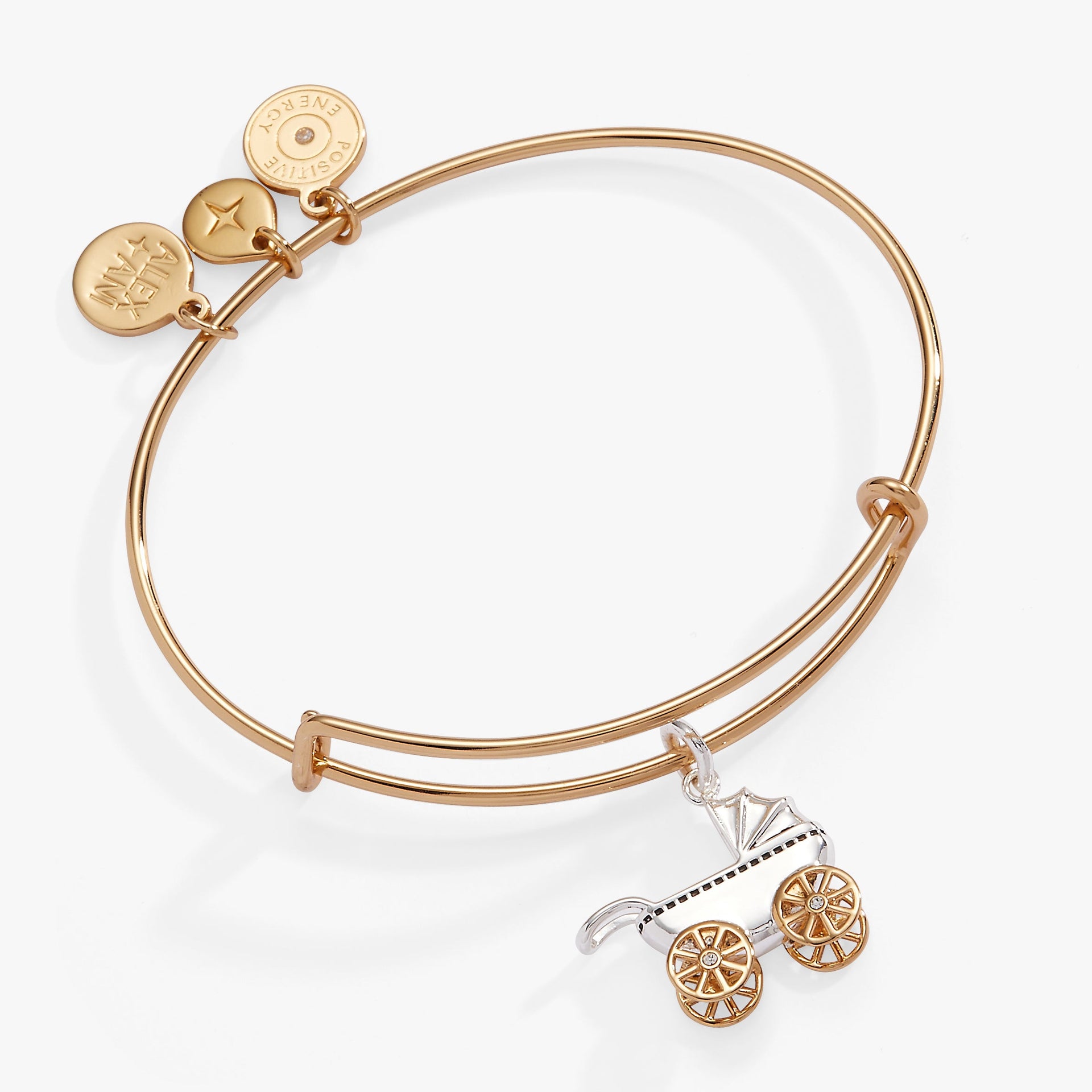Two-tone gold and silver baby carriage charm bangle bracelet on expandable wire.